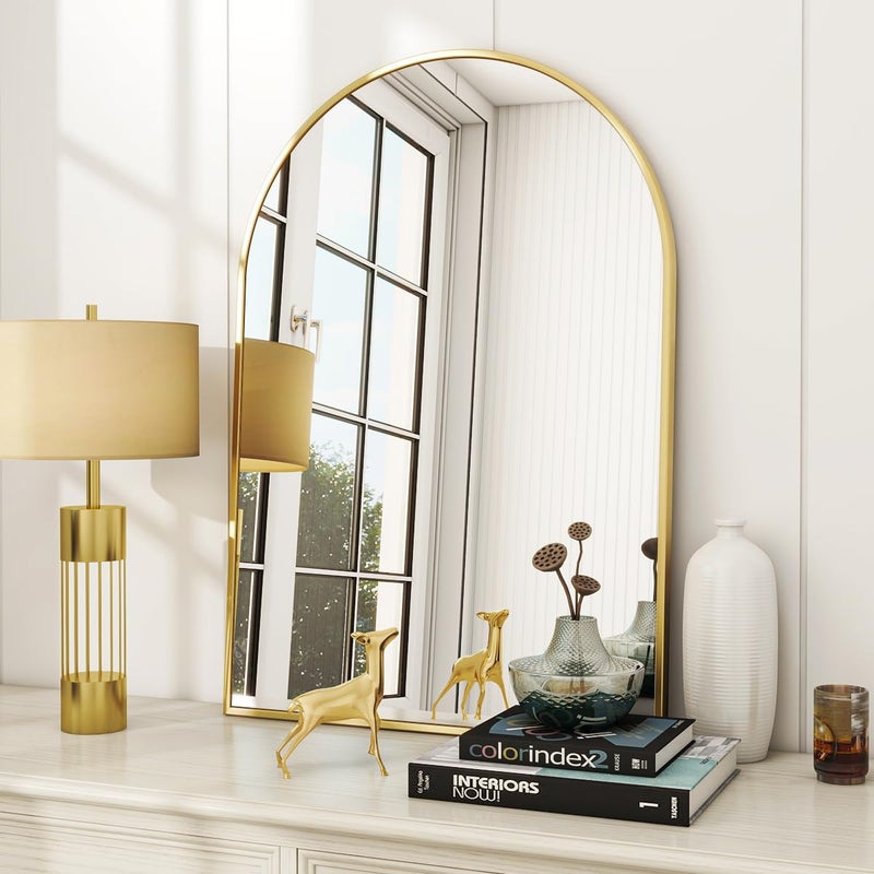 VooBang Arched Wall Mirror, 24 x 36 inch Arch Bathroom Mirror, Wall Mounted Vanity Mirror with Arch Metal Frame, Modern Bathroom Vanity Mirror for Bedroom, Living Room, Hanging or Leaning, Gold - Image 1