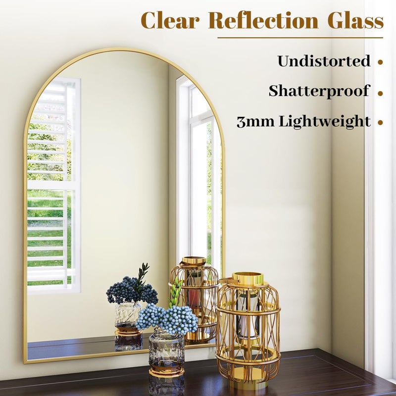VooBang Arched Wall Mirror, 24 x 36 inch Arch Bathroom Mirror, Wall Mounted Vanity Mirror with Arch Metal Frame, Modern Bathroom Vanity Mirror for Bedroom, Living Room, Hanging or Leaning, Gold - Image 3