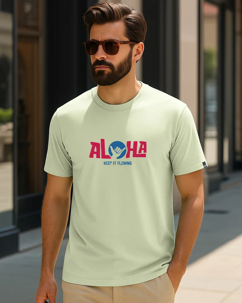 bewakoof Men's Fog Green Aloha Typography T-shirt