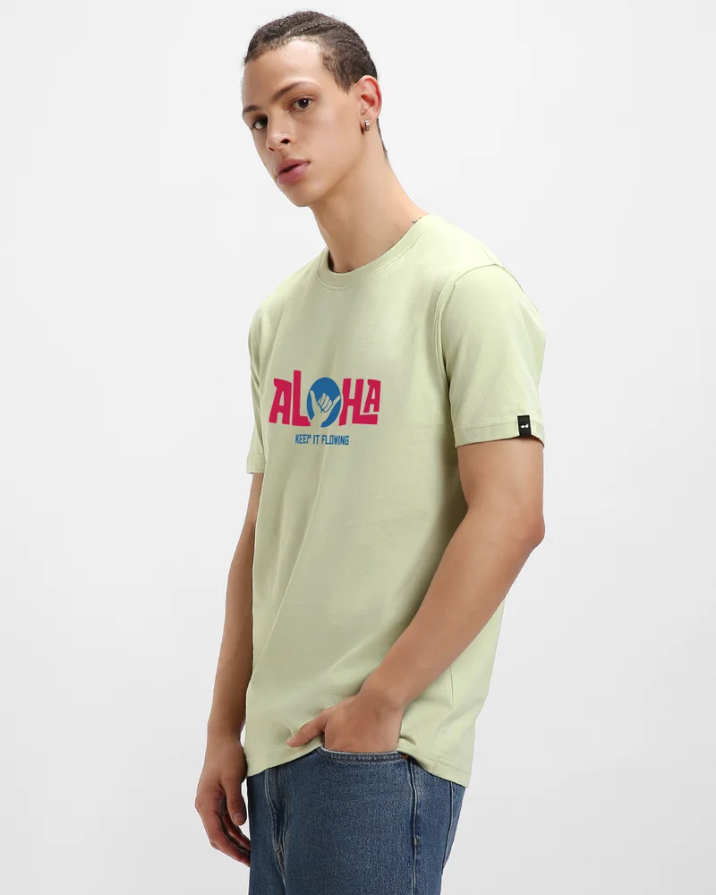 bewakoof Men's Fog Green Aloha Typography T-shirt