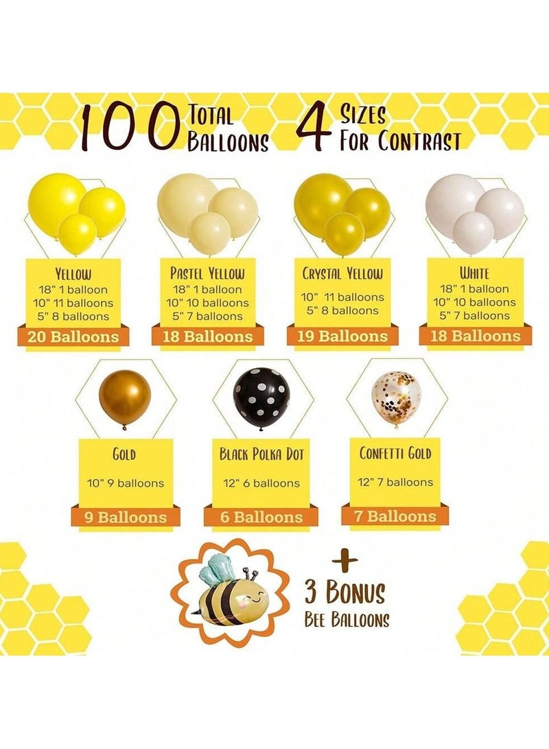 Bee-themed balloons. A set of 100 latex balloons in assorted colors, 4 different sizes, and 3 cute bee-themed balloons. Perfect for decorating birthday parties, newborns, and all special occasions. - Image 5