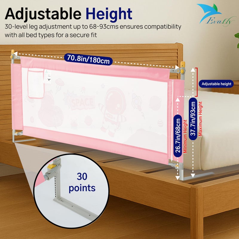 Evafly Bed Railing for Baby Safety Astronaut Print, L-180cm x Adjust Height Between 68-93cm, Single Side Bed Rail for Infant & Toddler's Safety-Pink - Image 2
