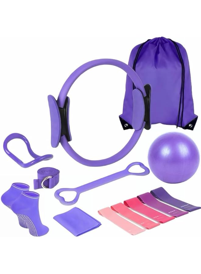 13 Pcs Pilates Essentials Kit for Women, Home Workout Equipment Set with Pilates Ring, Resistance Bands, Yoga Ball,Magic Circle, Accessories, with Storage Bag for Beginners(Purplr)