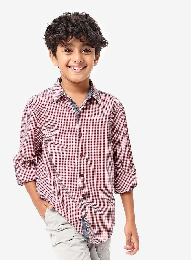 Bonkids Regular Long Sleeve Printed Red Cotton Shirt 100 % Cotton