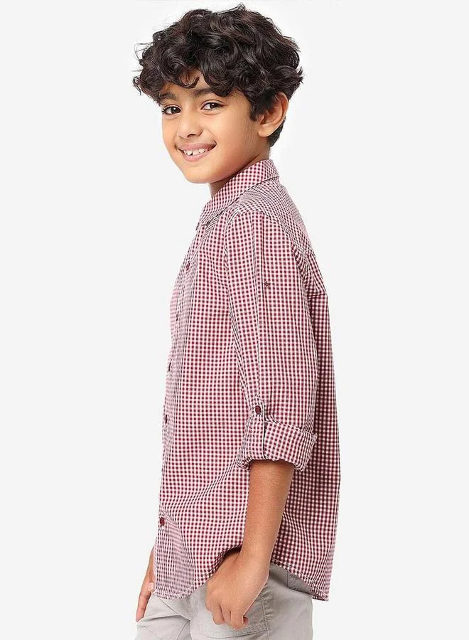 Bonkids Regular Long Sleeve Printed Red Cotton Shirt 100 % Cotton