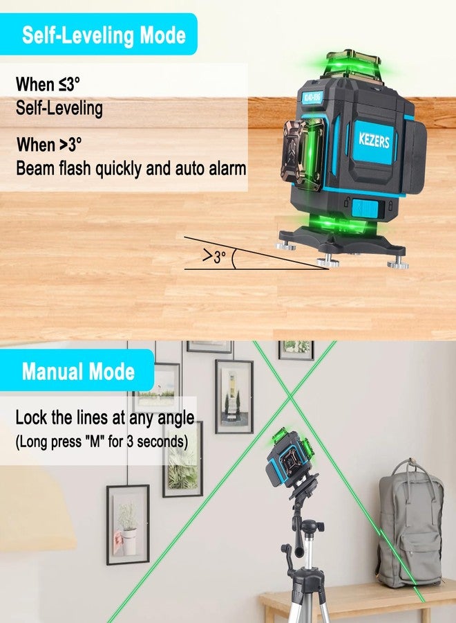 KEZERS مستوى ليزر KEZERS 360 ذاتي التسوية، مستوى ليزر 4 × 360 مع شاشة، مستوى ليزر أخضر، أداة خط التسوية والمحاذاة بالليزر مع وضع النبض للبناء وتعليق الصور، جهاز تحكم عن بعد - Image 5