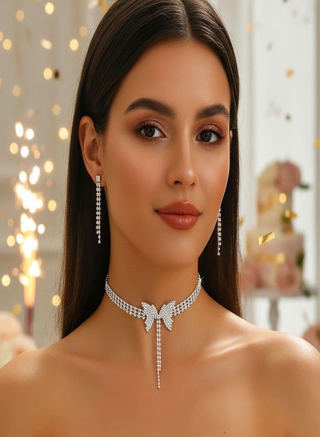 كامبسيس طقم مجوهرات زفاف من كريستال كامبسيس، قلادة وأقراط فضية مرصعة بأحجار الراين على شكل فراشة، إكسسوارات زفاف رسمية للنساء - Image 2