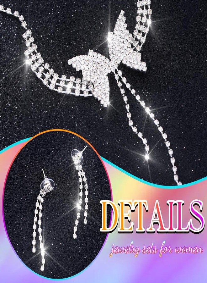 كامبسيس طقم مجوهرات زفاف من كريستال كامبسيس، قلادة وأقراط فضية مرصعة بأحجار الراين على شكل فراشة، إكسسوارات زفاف رسمية للنساء - Image 3