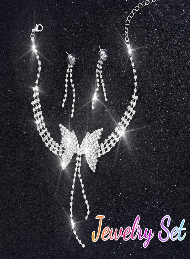 كامبسيس طقم مجوهرات زفاف من كريستال كامبسيس، قلادة وأقراط فضية مرصعة بأحجار الراين على شكل فراشة، إكسسوارات زفاف رسمية للنساء - Image 5