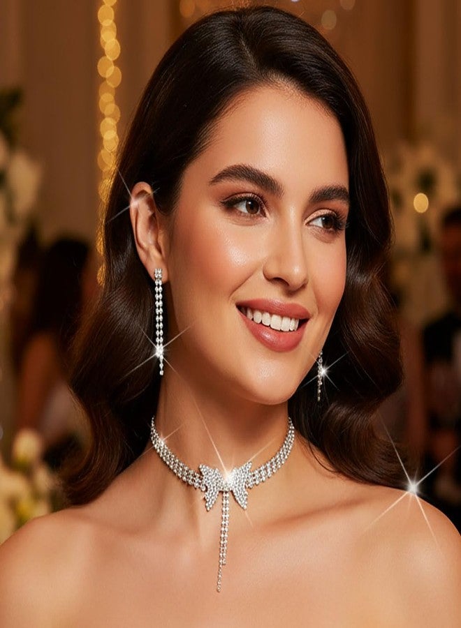 كامبسيس طقم مجوهرات زفاف من كريستال كامبسيس، قلادة وأقراط فضية مرصعة بأحجار الراين على شكل فراشة، إكسسوارات زفاف رسمية للنساء - Image 4