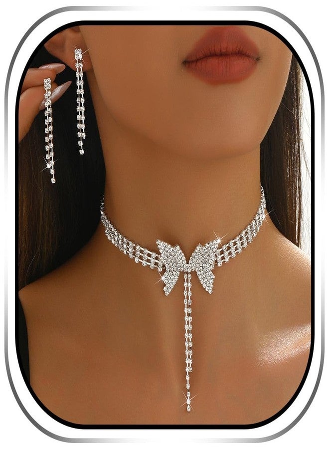 كامبسيس طقم مجوهرات زفاف من كريستال كامبسيس، قلادة وأقراط فضية مرصعة بأحجار الراين على شكل فراشة، إكسسوارات زفاف رسمية للنساء - Image 1