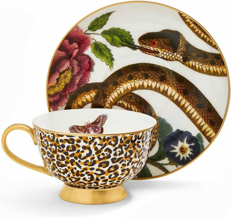 Spode Creatures of Curiosity Coupe Tea Cup and Saucer Leopard and Snake (CRCLS8821-XG) - Image 1