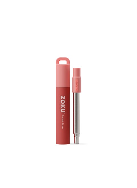 ZOKU Reusable Metal Straw with Case for Travel Red  Collapsible Stainless Steel Drinking Straw with Silicone Tip and Cleaner Brush Ideal for Key Chains Pockets Purses
