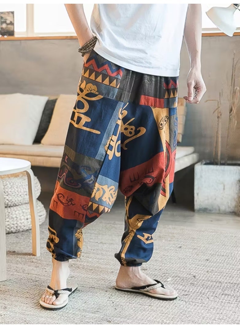 Men'S Vintage Ethnic Print Harem Pants - Loose Fit Drop Crotch Trousers with Elastic Waistband, Non-Stretch Fabric for Casual & Formal Outfits - Bohemian, Office, Party - Spring/Fall/Summer Pants (Adult Men), Comfortable Clothing, Bohemian Style, Durable Construction, Elastic Waistband Trousers, Boho Lovers, Office Wear, Retro Fashion, Breathable Material, Boho Chic - Image 3