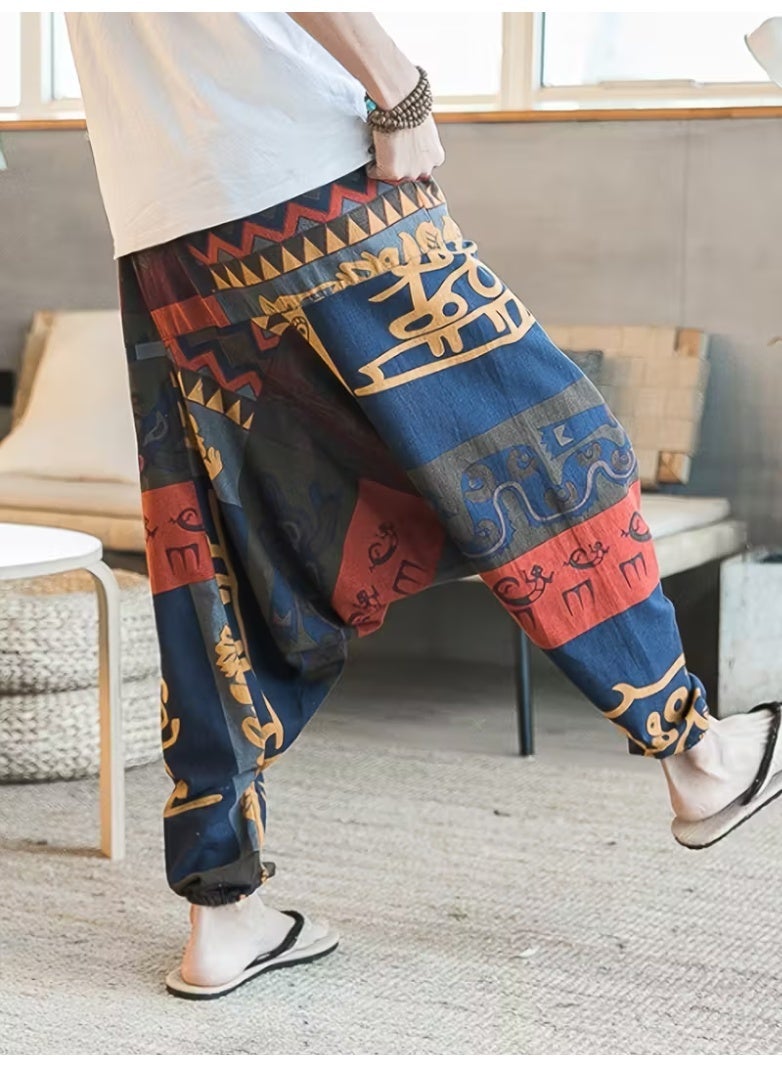Men'S Vintage Ethnic Print Harem Pants - Loose Fit Drop Crotch Trousers with Elastic Waistband, Non-Stretch Fabric for Casual & Formal Outfits - Bohemian, Office, Party - Spring/Fall/Summer Pants (Adult Men), Comfortable Clothing, Bohemian Style, Durable Construction, Elastic Waistband Trousers, Boho Lovers, Office Wear, Retro Fashion, Breathable Material, Boho Chic - Image 2