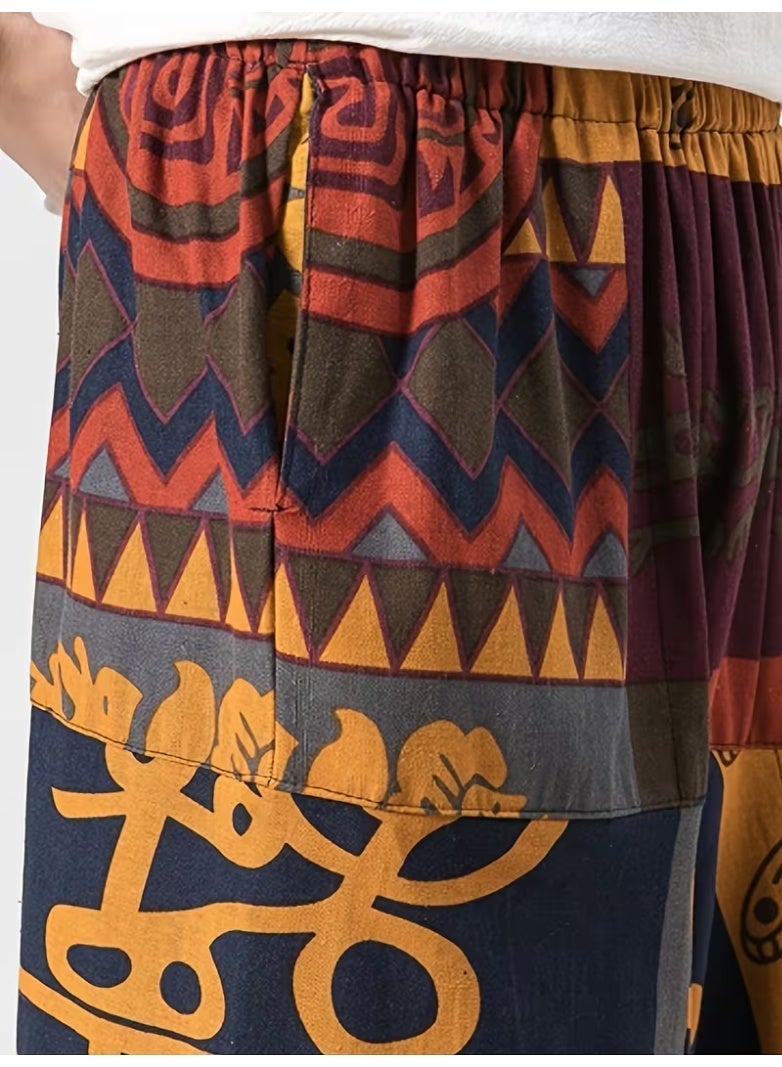 Men'S Vintage Ethnic Print Harem Pants - Loose Fit Drop Crotch Trousers with Elastic Waistband, Non-Stretch Fabric for Casual & Formal Outfits - Bohemian, Office, Party - Spring/Fall/Summer Pants (Adult Men), Comfortable Clothing, Bohemian Style, Durable Construction, Elastic Waistband Trousers, Boho Lovers, Office Wear, Retro Fashion, Breathable Material, Boho Chic - Image 5