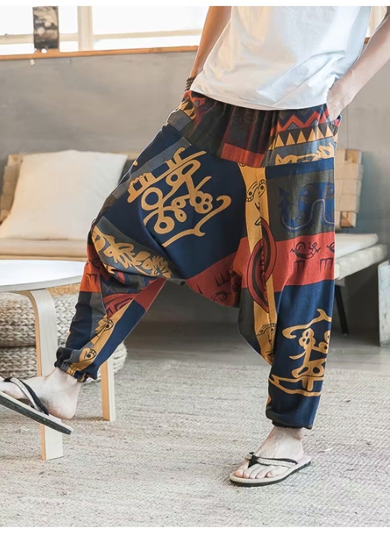 Men'S Vintage Ethnic Print Harem Pants - Loose Fit Drop Crotch Trousers with Elastic Waistband, Non-Stretch Fabric for Casual & Formal Outfits - Bohemian, Office, Party - Spring/Fall/Summer Pants (Adult Men), Comfortable Clothing, Bohemian Style, Durable Construction, Elastic Waistband Trousers, Boho Lovers, Office Wear, Retro Fashion, Breathable Material, Boho Chic - Image 1