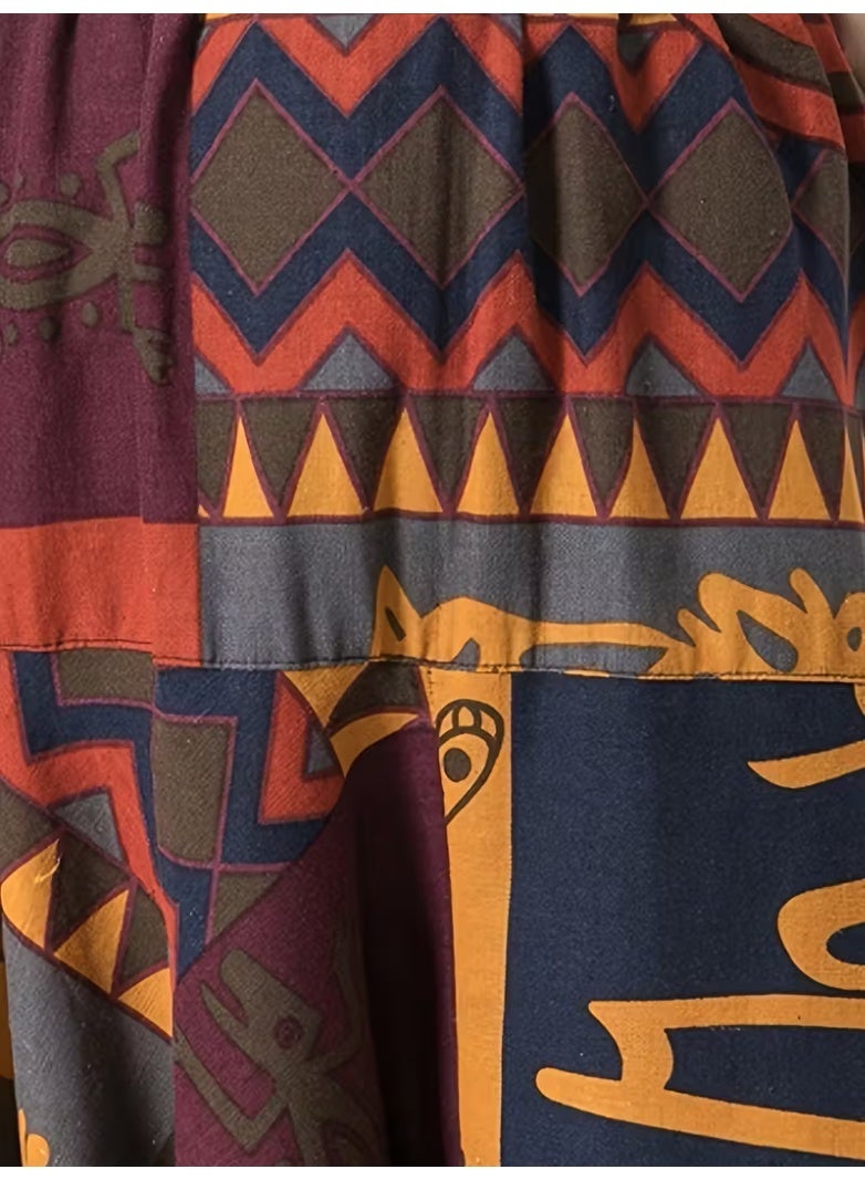 Men'S Vintage Ethnic Print Harem Pants - Loose Fit Drop Crotch Trousers with Elastic Waistband, Non-Stretch Fabric for Casual & Formal Outfits - Bohemian, Office, Party - Spring/Fall/Summer Pants (Adult Men), Comfortable Clothing, Bohemian Style, Durable Construction, Elastic Waistband Trousers, Boho Lovers, Office Wear, Retro Fashion, Breathable Material, Boho Chic - Image 4