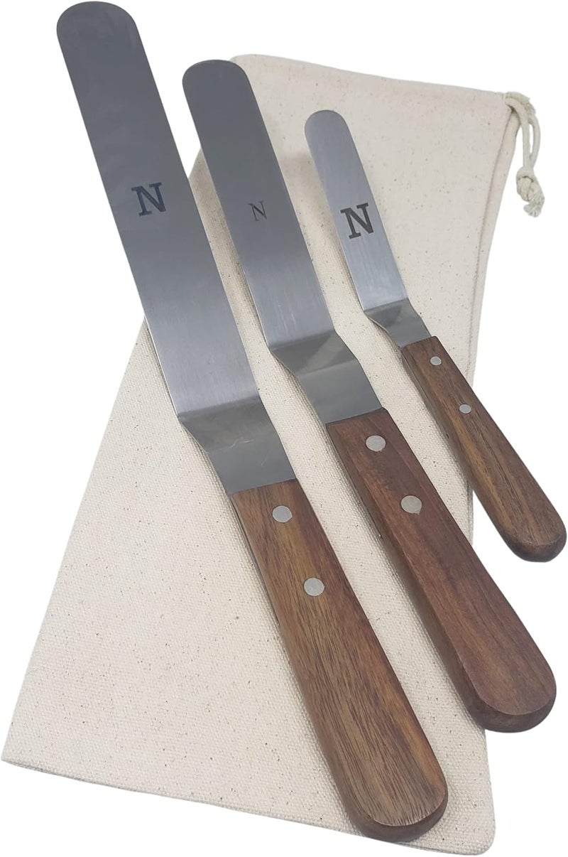 Nutlink Offset Stainless Steel Spatula Set with Wood Handles and Storage/Gift Bag - Professional Cake Decorating Tools - 4", 6.5" & 8" Stainless Steel Offset Blade Cake Spatula Set - Image 1
