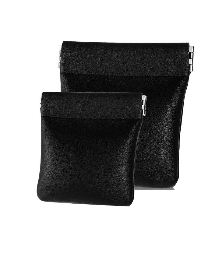 2Pcs No Zipper Coins Pouch 2 Size PU Leather Coin Purse Change Holder Portable Small Cosmetic Bag Travel Kit Storage Pouch Coin Purse Lipstick Cosmetic Hearing Aids Accessories Organizer - Black - Image 1