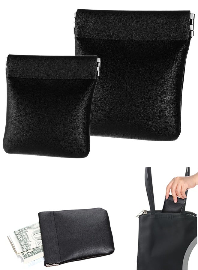 2Pcs No Zipper Coins Pouch 2 Size PU Leather Coin Purse Change Holder Portable Small Cosmetic Bag Travel Kit Storage Pouch Coin Purse Lipstick Cosmetic Hearing Aids Accessories Organizer - Black - Image 1