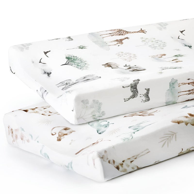 GRSSDER Stretch Ultra Soft Jersey Knit Changing Pad Cover Set 2 Pack Change Table Pad Covers Fit 3234 x 16 Pads Safe and Snug Stylish Pattern for Boys and Girls African Savannah Animals