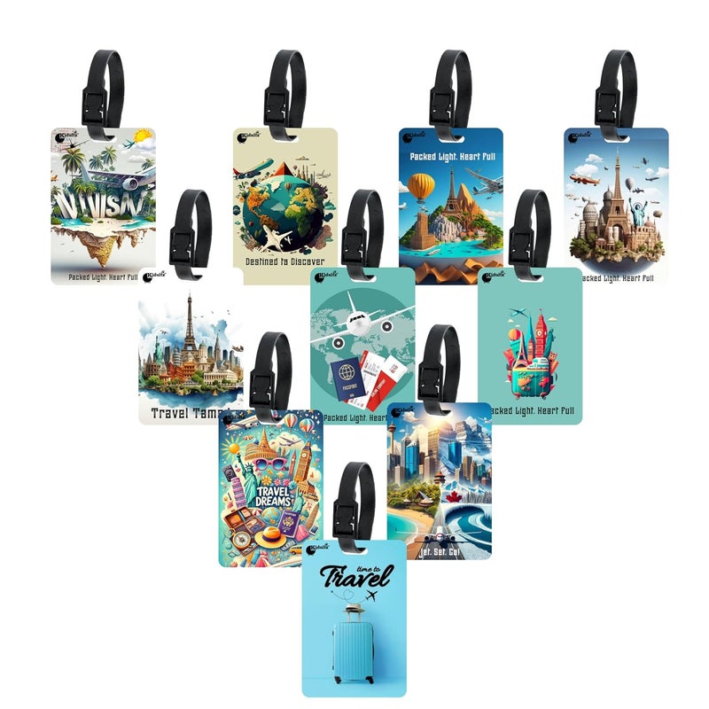 Kidultz (Set of 10) Synthetic Luggage Tags with Black Strap Loop | Durable, Waterproof, Anti-Break Travel ID Tags for Suitcases, Backpacks, School & Office Bags (Set 10) - Image 1
