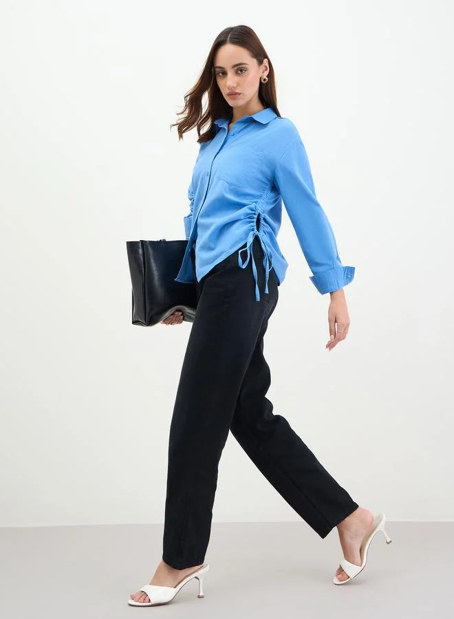 Styli Blue Long Sleeve Shirt with Drawstring Detail