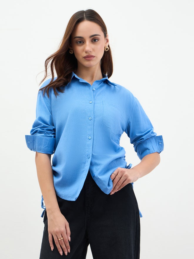 Styli Blue Long Sleeve Shirt with Drawstring Detail - Image 3