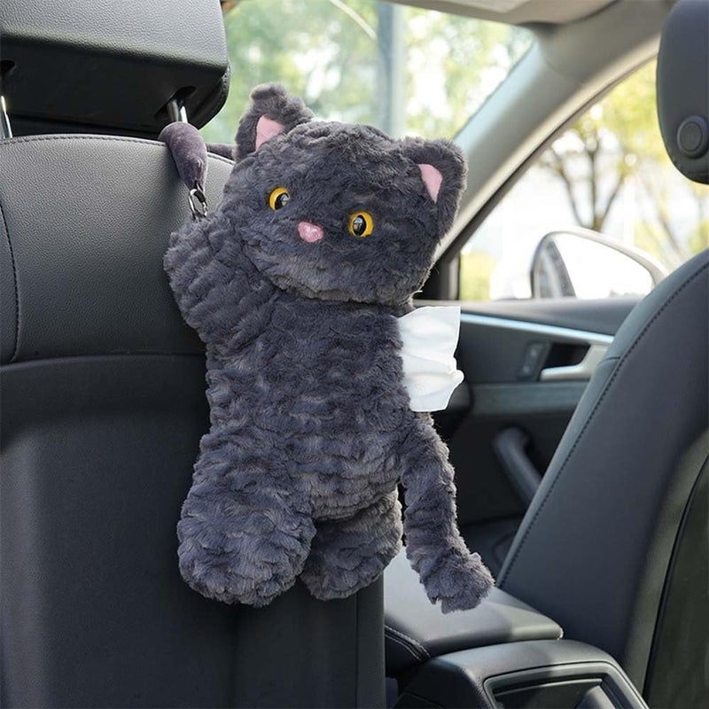 WASTROYAL Cute Cat Car Tissue Holder Plush Kitten Paper Box for Backseat Adorable Hanging Organizer Decor for Women Pet Lovers Gifts Black - Image 2