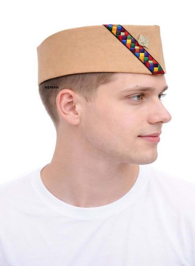 KETKAR Cotton Uttarakhand Pahadi Topi with Brahmakamal Design | Traditional Himachali Cap for Men | Soft Comfortable Ethnic Wear for Festivals (Set of 1)_Beige - Image 1
