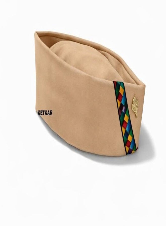 KETKAR Cotton Uttarakhand Pahadi Topi with Brahmakamal Design | Traditional Himachali Cap for Men | Soft Comfortable Ethnic Wear for Festivals (Set of 1)_Beige - Image 4