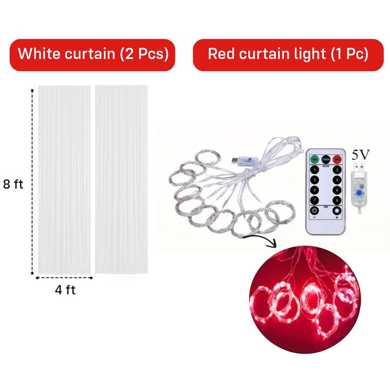 Party Propz Party Propz Anniversary Decoration Items 3 Pcs Red Curtain Lights 1pc White Net Curtain 2pcs Red Curtain lights for Wedding Room Decoration Items Anniversary Kit Marriage Proposal Decor - Image 2