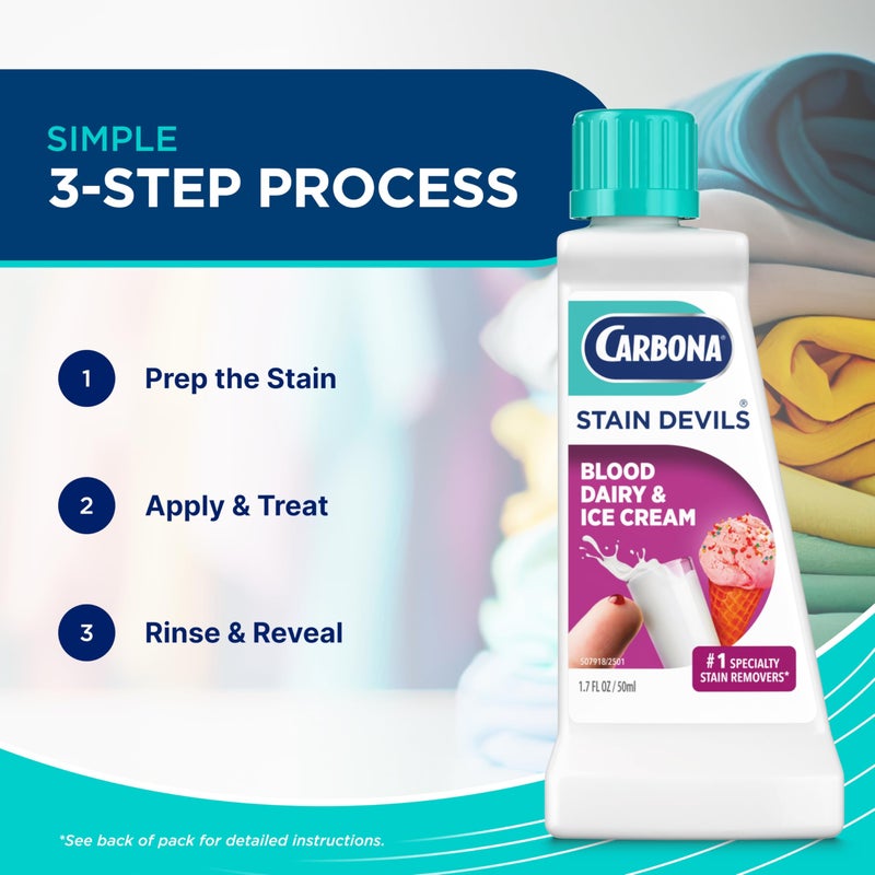 Carbona Stain DevilsÂ® #4 | Blood, Dairy & Ice Cream | Professional Strength Laundry Stain Remover | Multi-Fabric Cleaner | Safe On Skin & Washable Fabrics | 1.7 Fl Oz, 3 Pack - Image 4