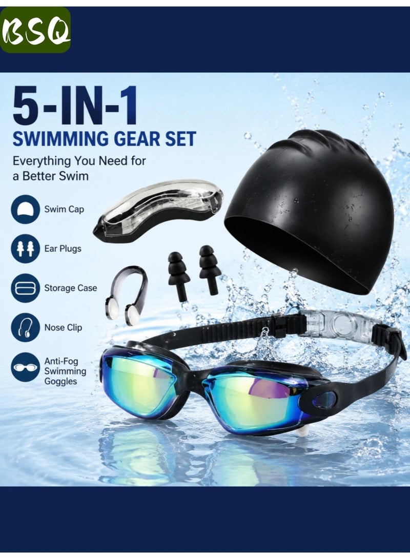 BSQ 5-in-1 Anti-Fog Swim Goggle Set — Includes Swim Cap, Earplugs, Nose Clip, and Leak-Proof Goggles | Effective UV Protection | Crystal-Clear Vision | 180° Panoramic View | Unisex - Image 1