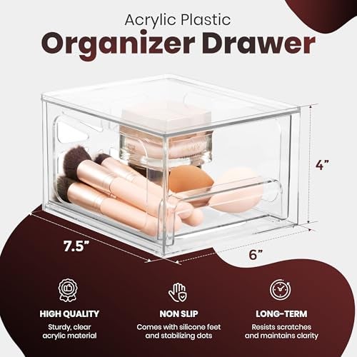 Oizeir Acrylic Drawer Organizer 2-Pack – Clear Stackable Storage Drawers for Makeup, Skincare, Vanity, Bathroom, Under Sink, Kitchen & Office – Non-Slip, Durable, Multi-Purpose Organizer Bins - Image 2