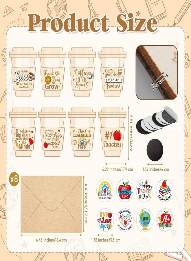 Capoda 8 Set Teacher Appreciation Gift Card Holders Wooden Thank You Teacher Gift Card Holders with Envelopes Magnets Stickers for Appreciation Week End of Year Graduation Gifts (Cute Coffee Cup - Image 2