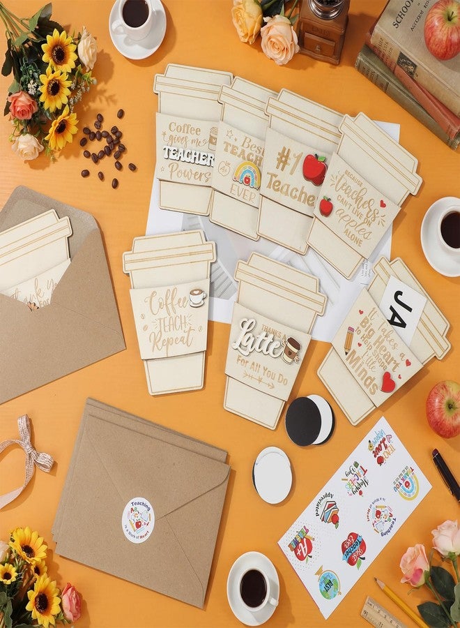 Capoda 8 Set Teacher Appreciation Gift Card Holders Wooden Thank You Teacher Gift Card Holders with Envelopes Magnets Stickers for Appreciation Week End of Year Graduation Gifts (Cute Coffee Cup - Image 5