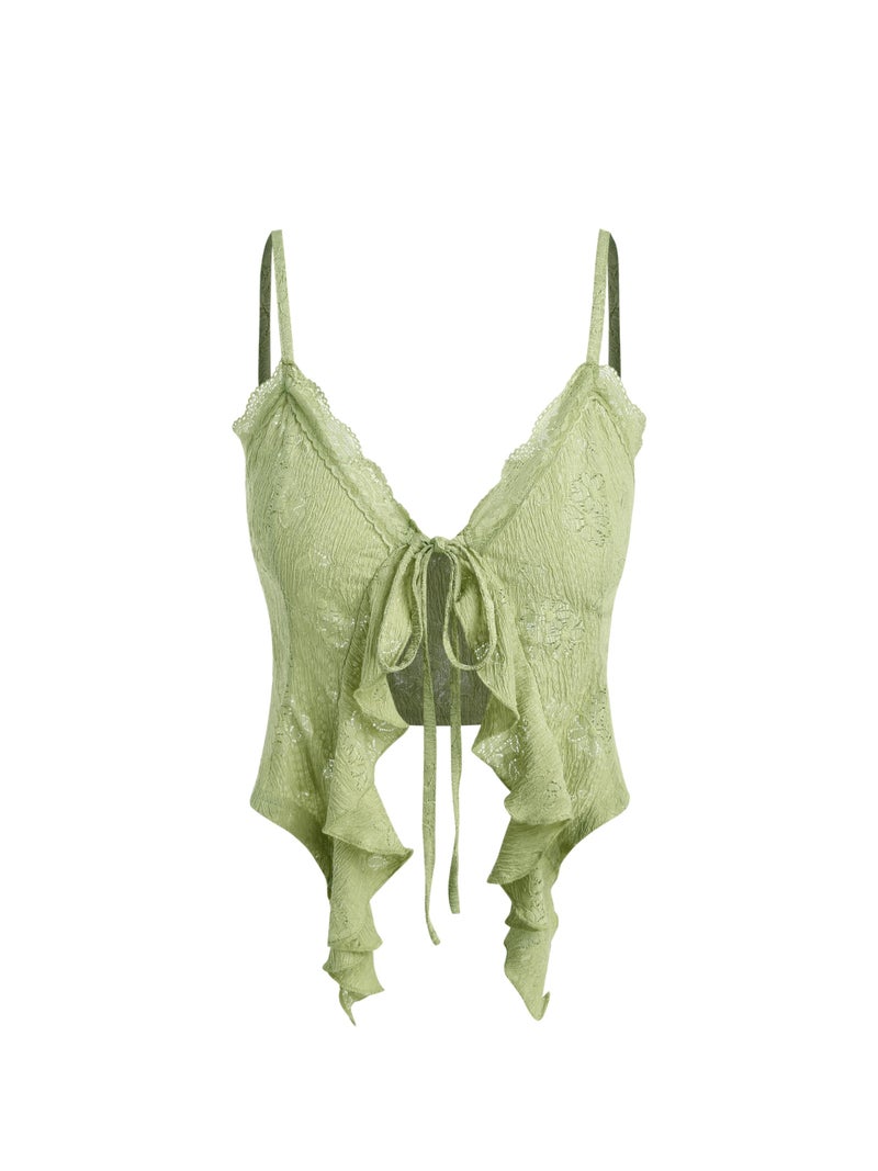 CIDER Going Out Tops for Women Y2K Tie Front Asymmetrical Ruffle Hem Lace Spaghetti Strap Cowgirl Crop Tops Green - Image 1