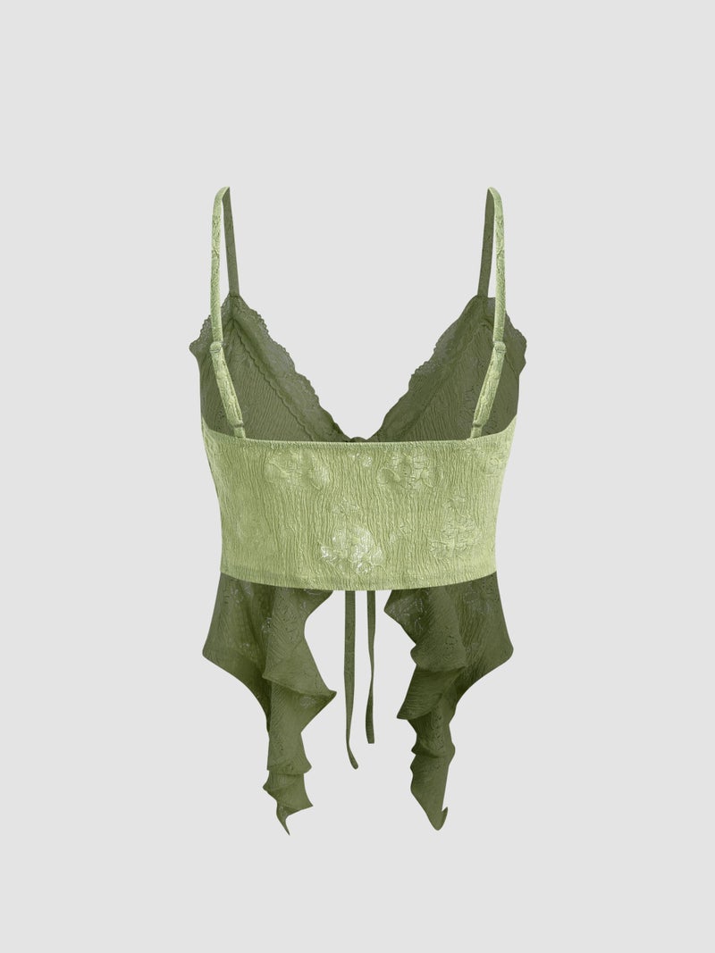 CIDER Going Out Tops for Women Y2K Tie Front Asymmetrical Ruffle Hem Lace Spaghetti Strap Cowgirl Crop Tops Green - Image 4