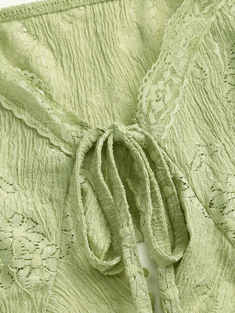 CIDER Going Out Tops for Women Y2K Tie Front Asymmetrical Ruffle Hem Lace Spaghetti Strap Cowgirl Crop Tops Green - Image 2