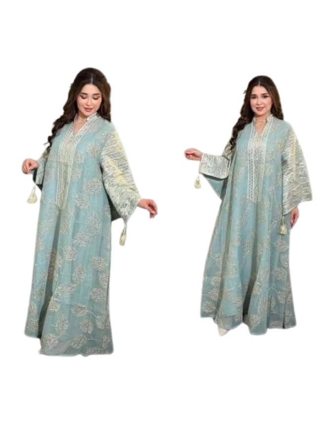 Women's abaya, linen and luxurious cotton, embroidered on the sides – elegant design with sophisticated embroidery – casual and special occasion abaya for women - Image 1