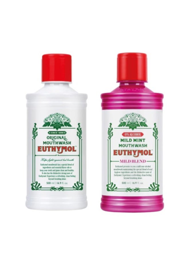 Euthymol Mouthwash Original 500ml + Euthymol Mouthwash Mild Mint 500ml - Image 1