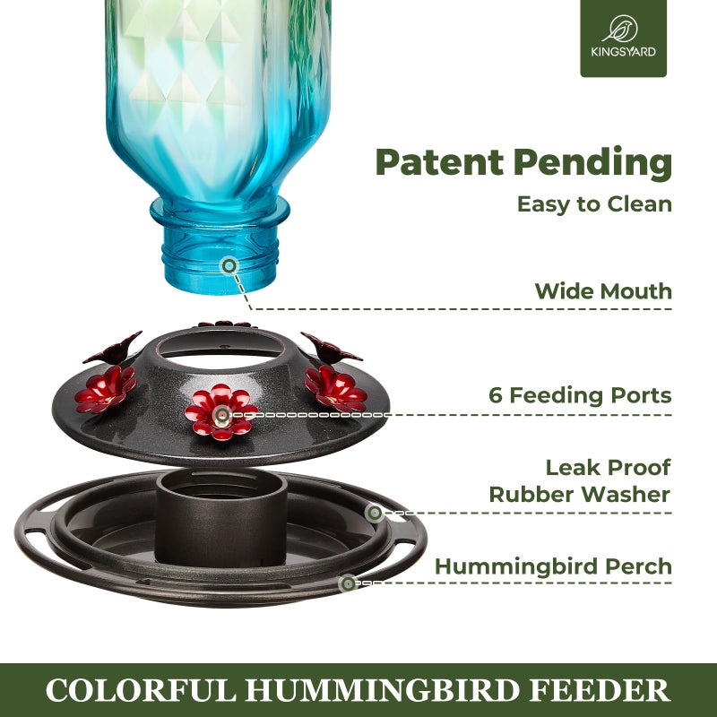 Kingsyard Glass Hummingbird Feeder for Outdoor Hanging, 24 Ounces, 6 Feeding Ports, Bird Nectar Feeder for Garden DÃ©cor, Ant Moat Included, Green & Blue - Image 3