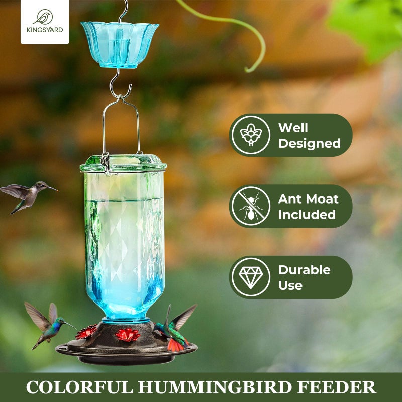 Kingsyard Glass Hummingbird Feeder for Outdoor Hanging, 24 Ounces, 6 Feeding Ports, Bird Nectar Feeder for Garden DÃ©cor, Ant Moat Included, Green & Blue - Image 2