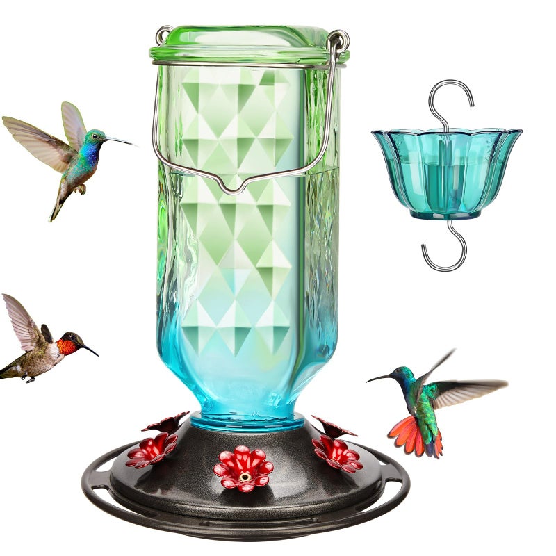 Kingsyard Glass Hummingbird Feeder for Outdoor Hanging, 24 Ounces, 6 Feeding Ports, Bird Nectar Feeder for Garden DÃ©cor, Ant Moat Included, Green & Blue - Image 1