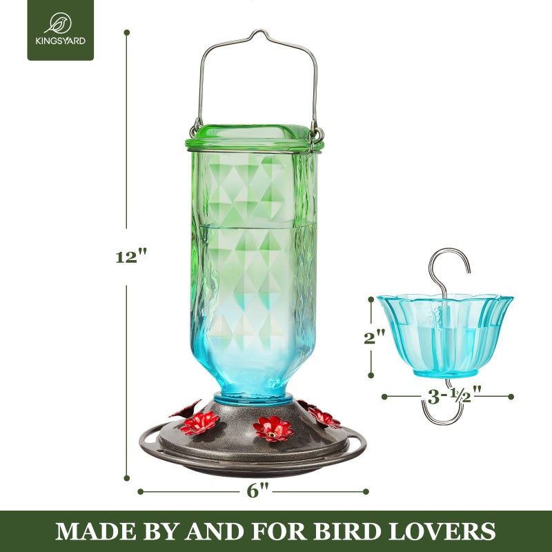 Kingsyard Glass Hummingbird Feeder for Outdoor Hanging, 24 Ounces, 6 Feeding Ports, Bird Nectar Feeder for Garden DÃ©cor, Ant Moat Included, Green & Blue - Image 5