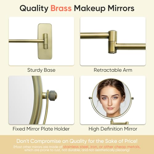 GURUN 8-Inch Double-Sided Wall Mount Makeup Mirror Antique Satin Brass with 7X Magnification Bathroom Mirror for Hotel Antique Satin Brass M1406K(8in,7X) - Image 3