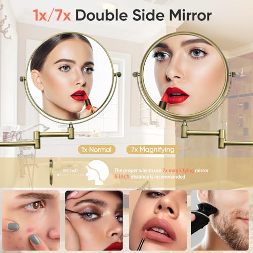GURUN 8-Inch Double-Sided Wall Mount Makeup Mirror Antique Satin Brass with 7X Magnification Bathroom Mirror for Hotel Antique Satin Brass M1406K(8in,7X) - Image 2