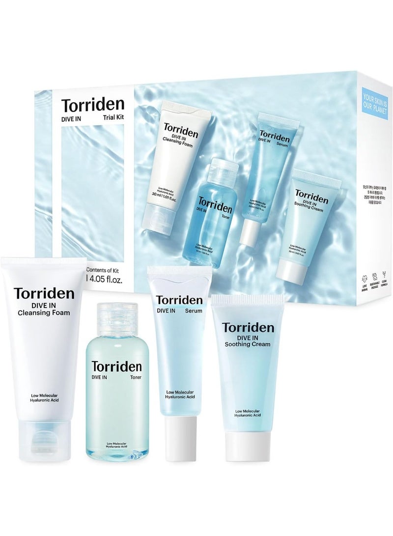 Torriden طقم تجريبي من توريدن ديف إن | طقم العناية بالبشرة اليومي المعزز بحمض الهيالورونيك - نظام من 4 خطوات مع منظف رغوي، تونر للوجه، سيروم، وكريم | طقم العناية بالبشرة الكورية للسفر، أساسي للسفر - Image 1